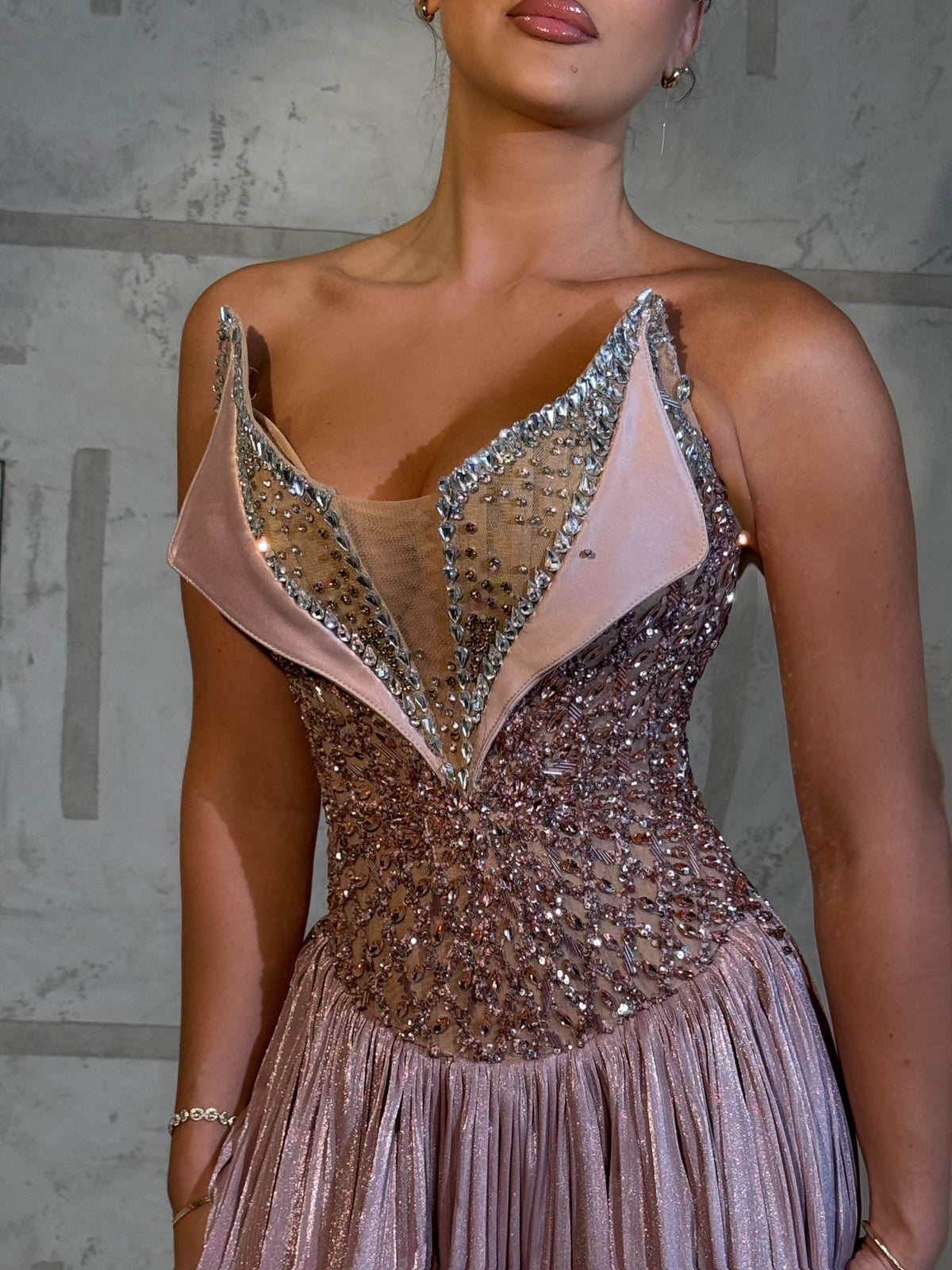Renèe - Draped Metallic Blush Gown