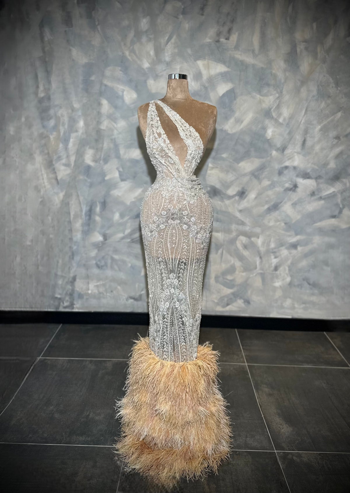 Nerisse - One Shoulder Crystal Feathered Gown