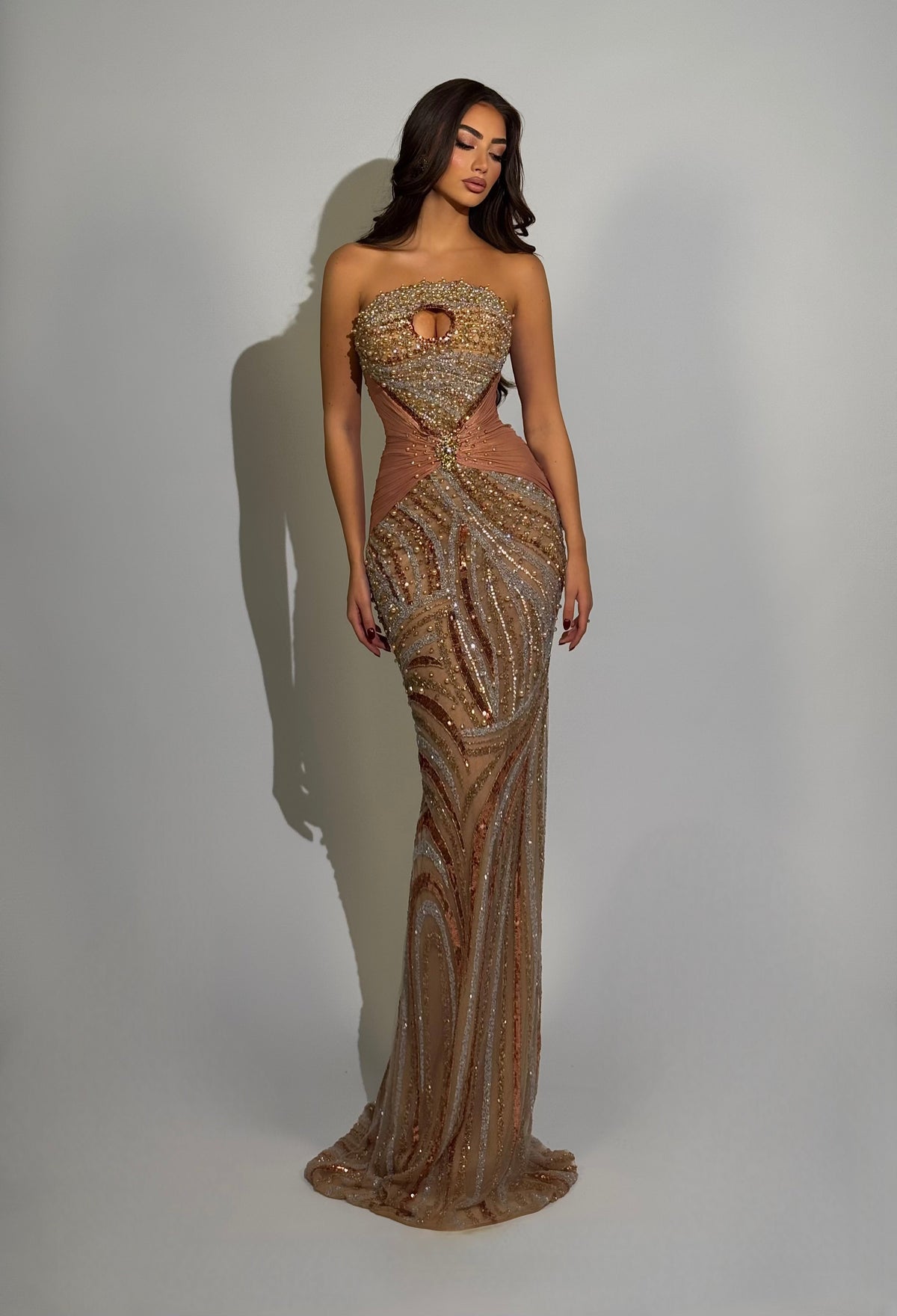Dionara – Strapless Beaded Corset Gown with Swirl Motif and Center Cutout