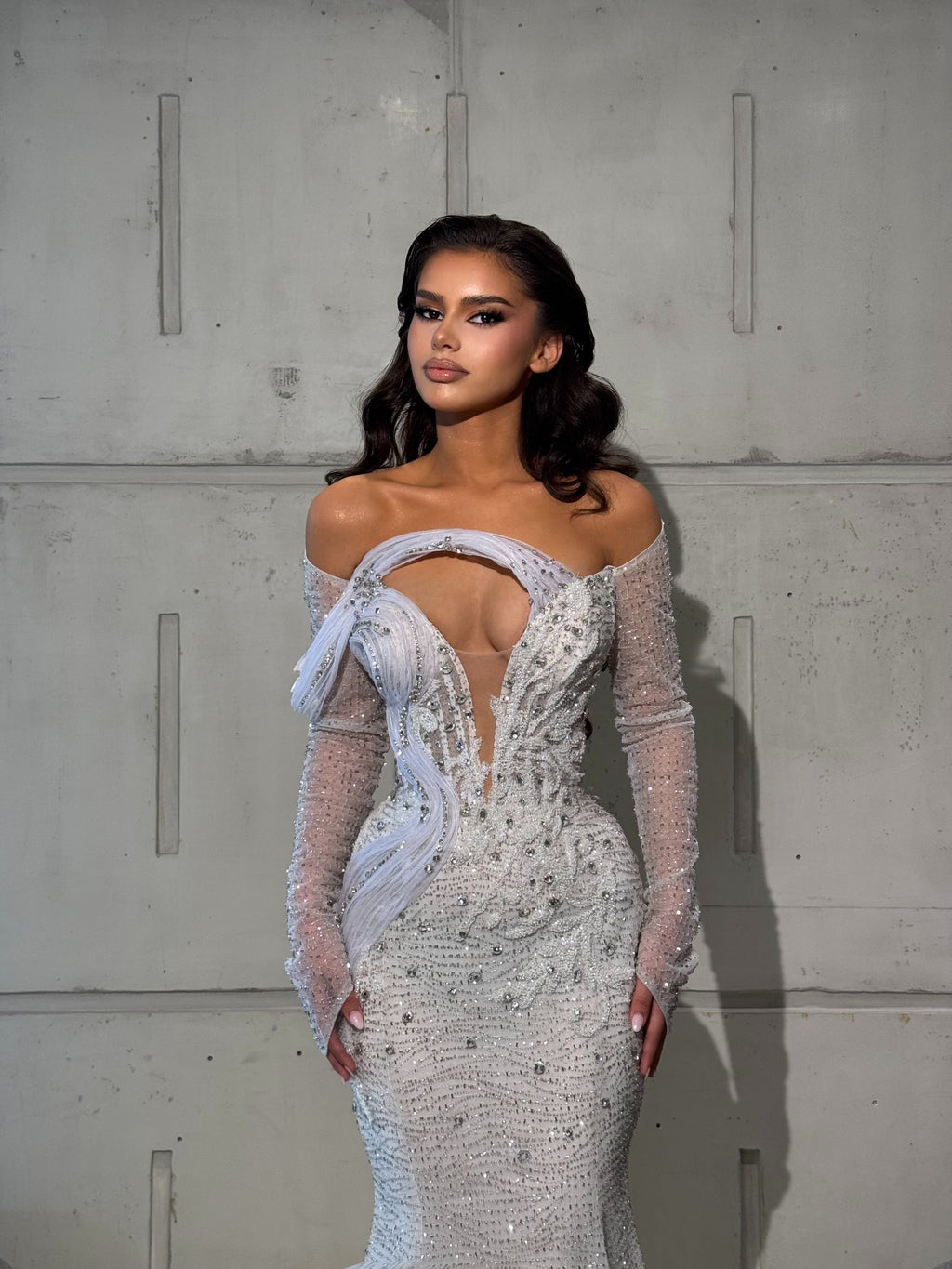 Off Shoulder Bridal Gown with Corset Waist & Mermaid Train