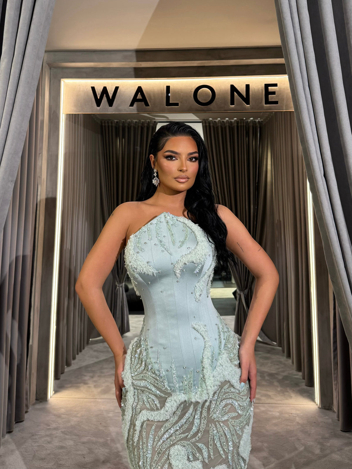 Strapless Mint Corset Beaded Gown