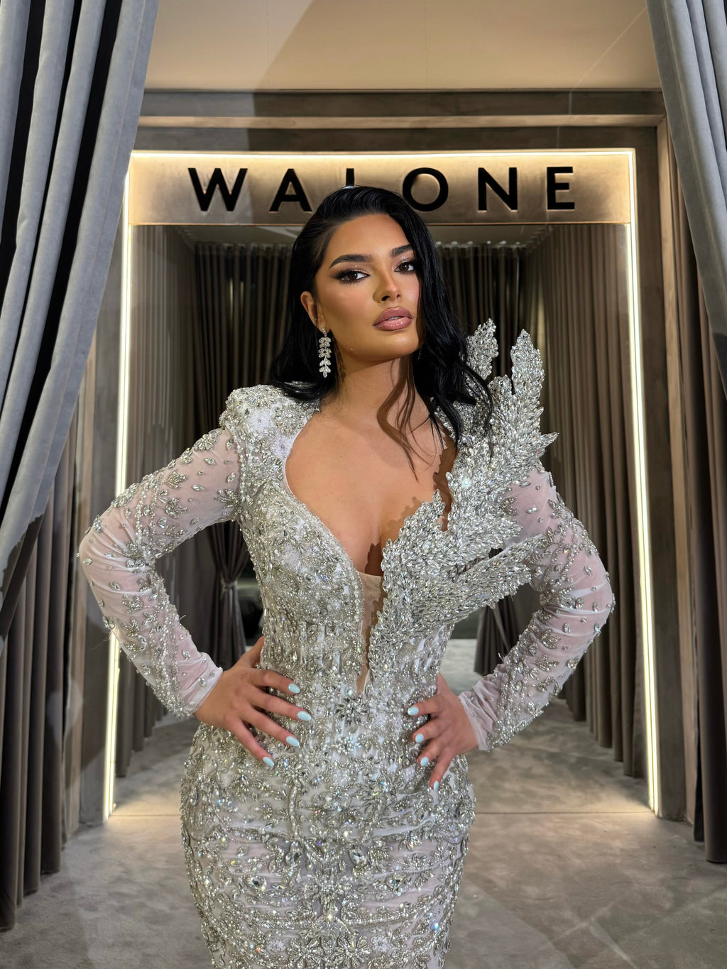 Long Sleeve Embellished Silver Mermaid Dress