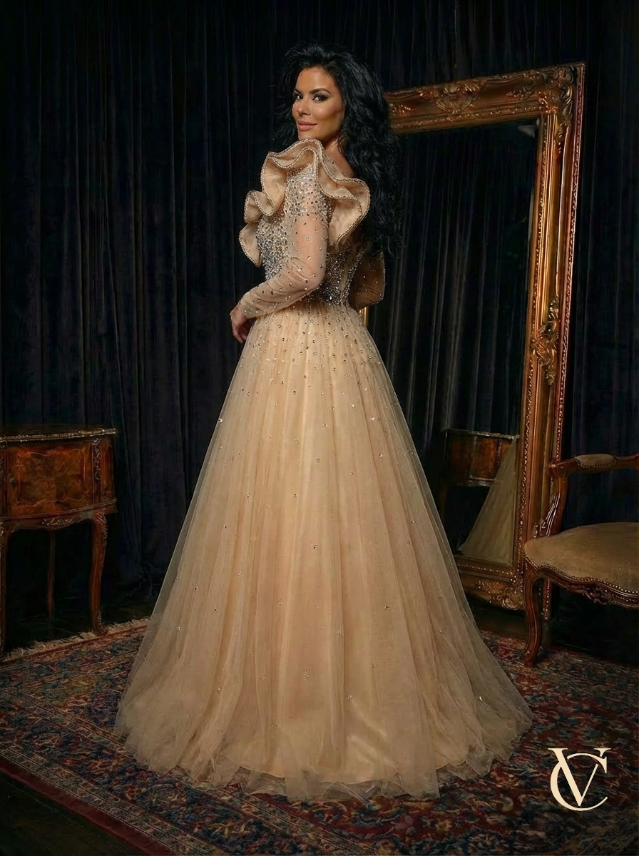 Warm Nude & Copper Embellished Tulle Evening Gown