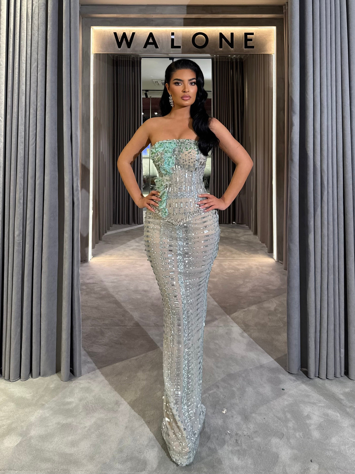 Crystal Mint Embellished Strapless Gown