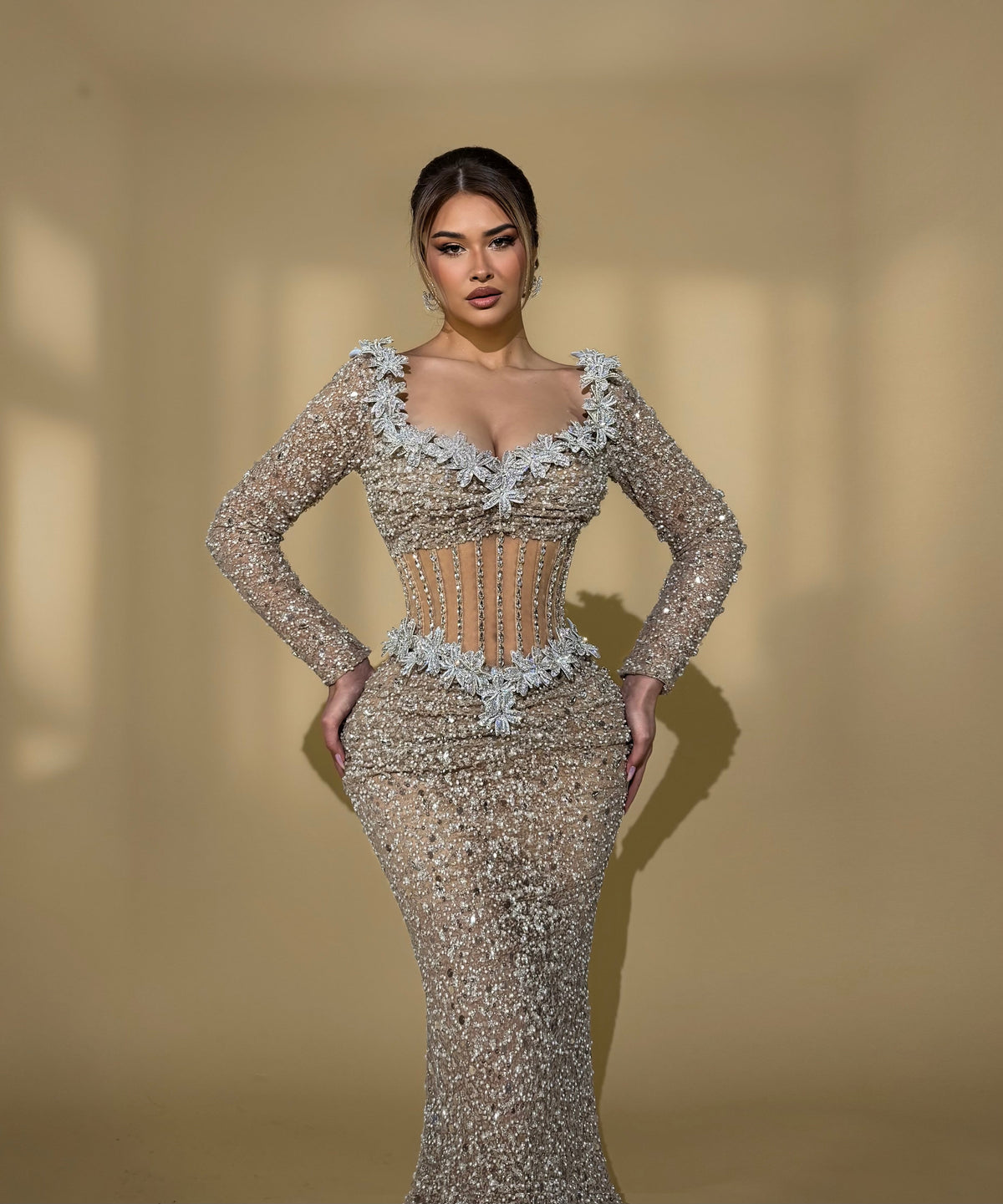 Floral Embroidered Gown with Sheer Corset Waist