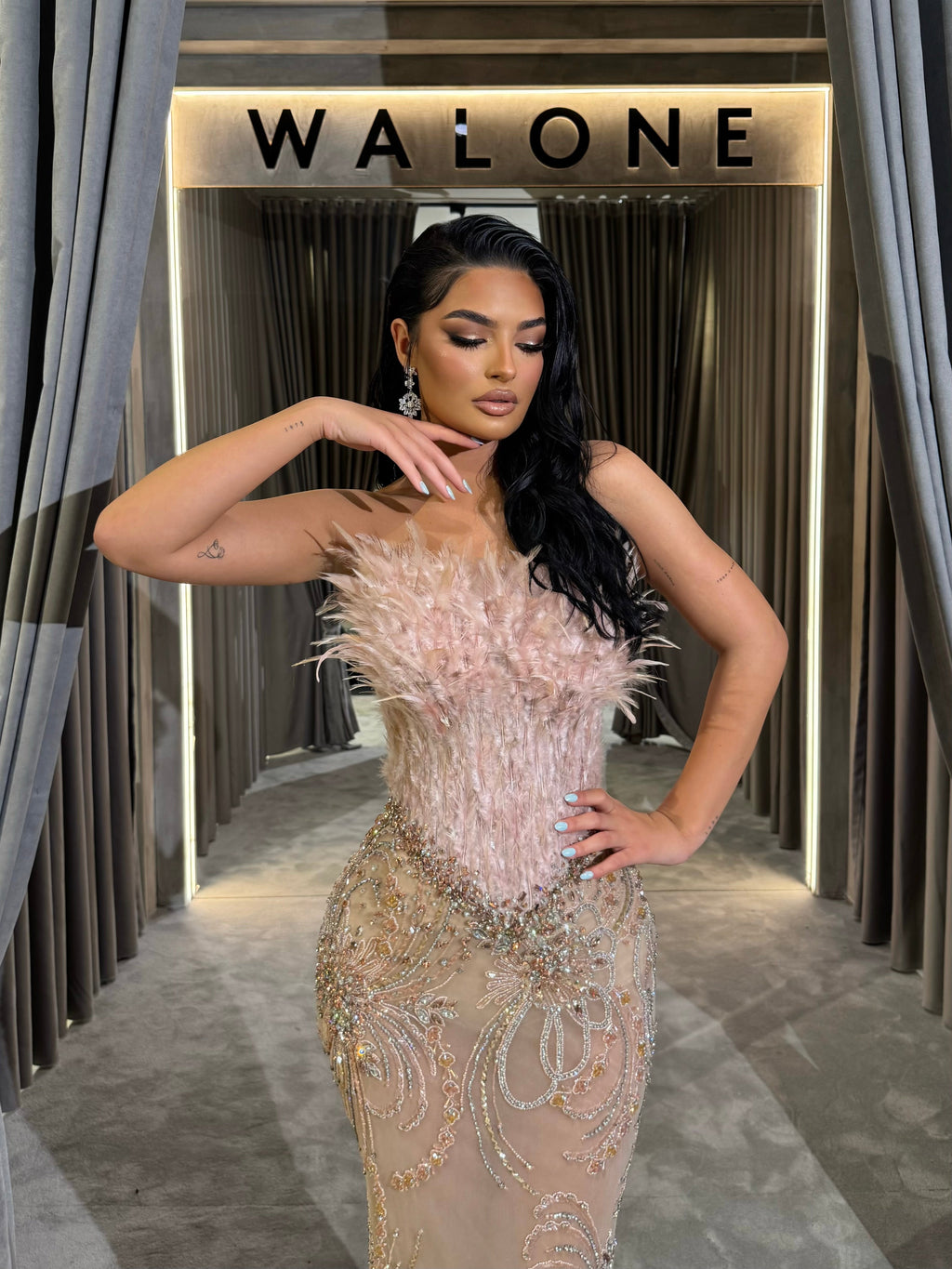 Nude Feather Embellished Crystal Gown