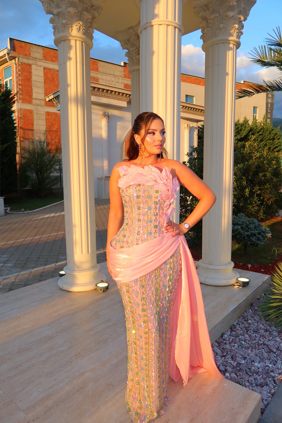 Pastel Pink Floral Dress with 3D Appliqué and Chiffon Wrap