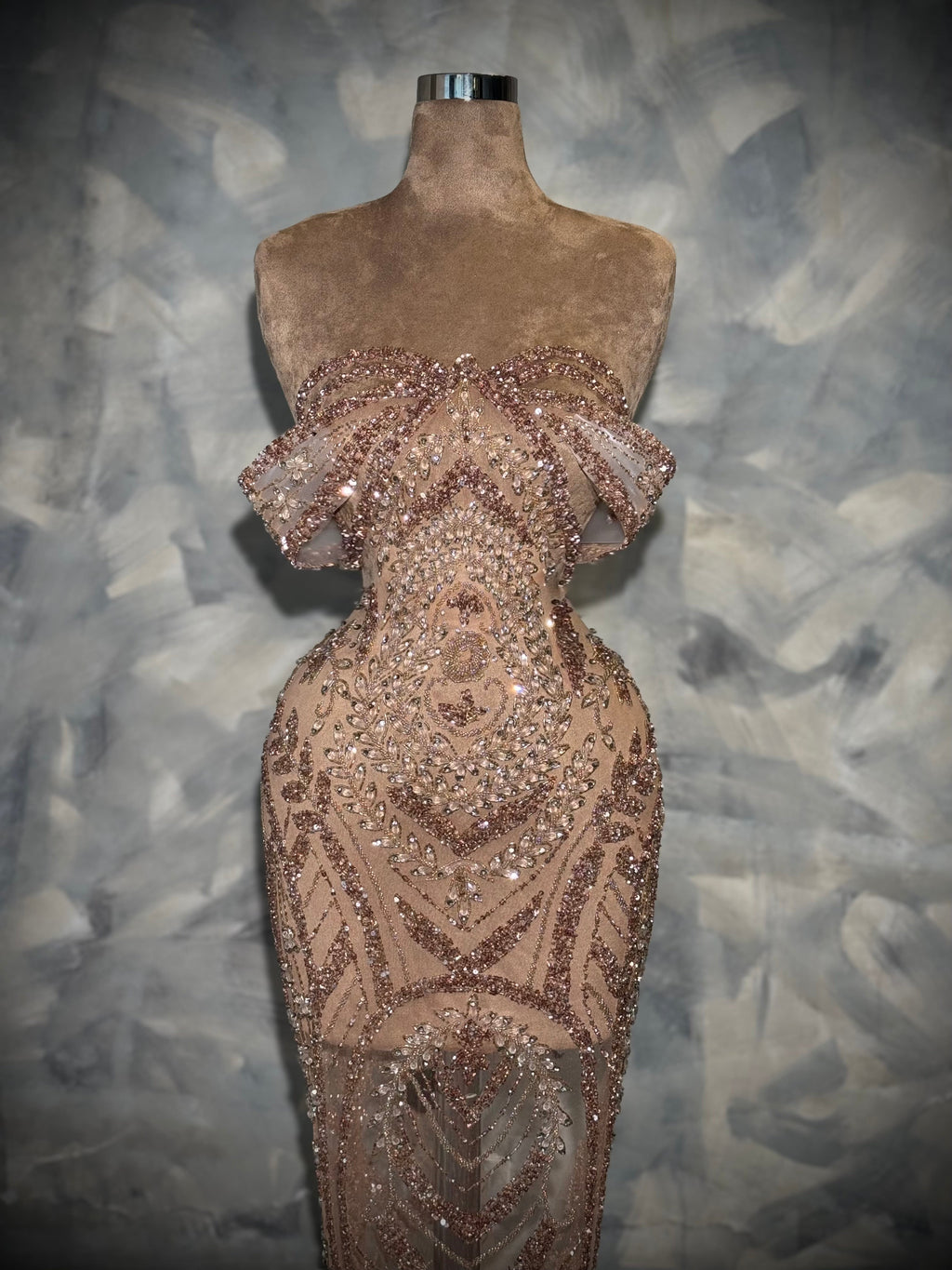 Aymeline - Off shoulder blush pink beaded gown
