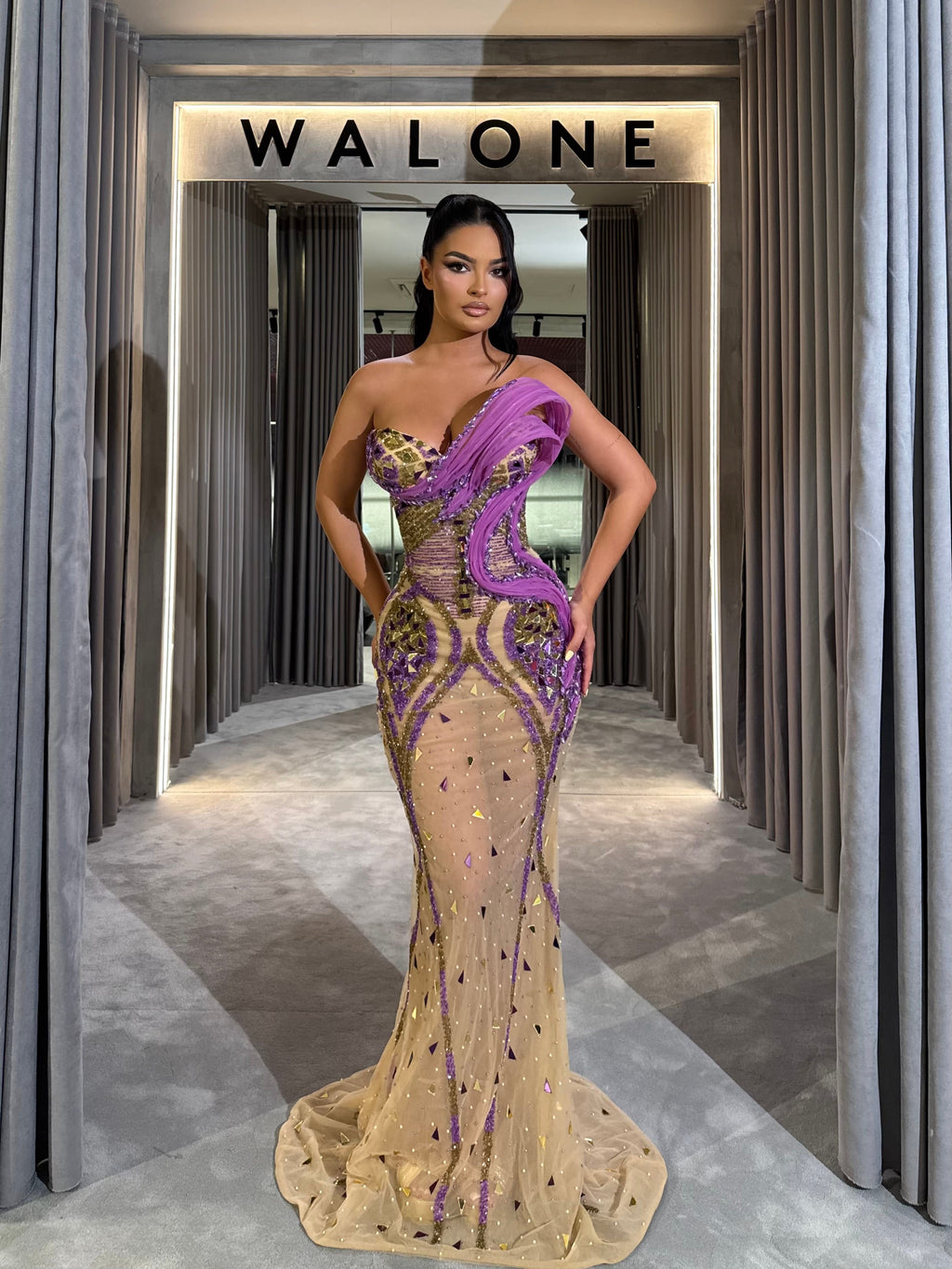 Nude Dress with purple & gold detailing