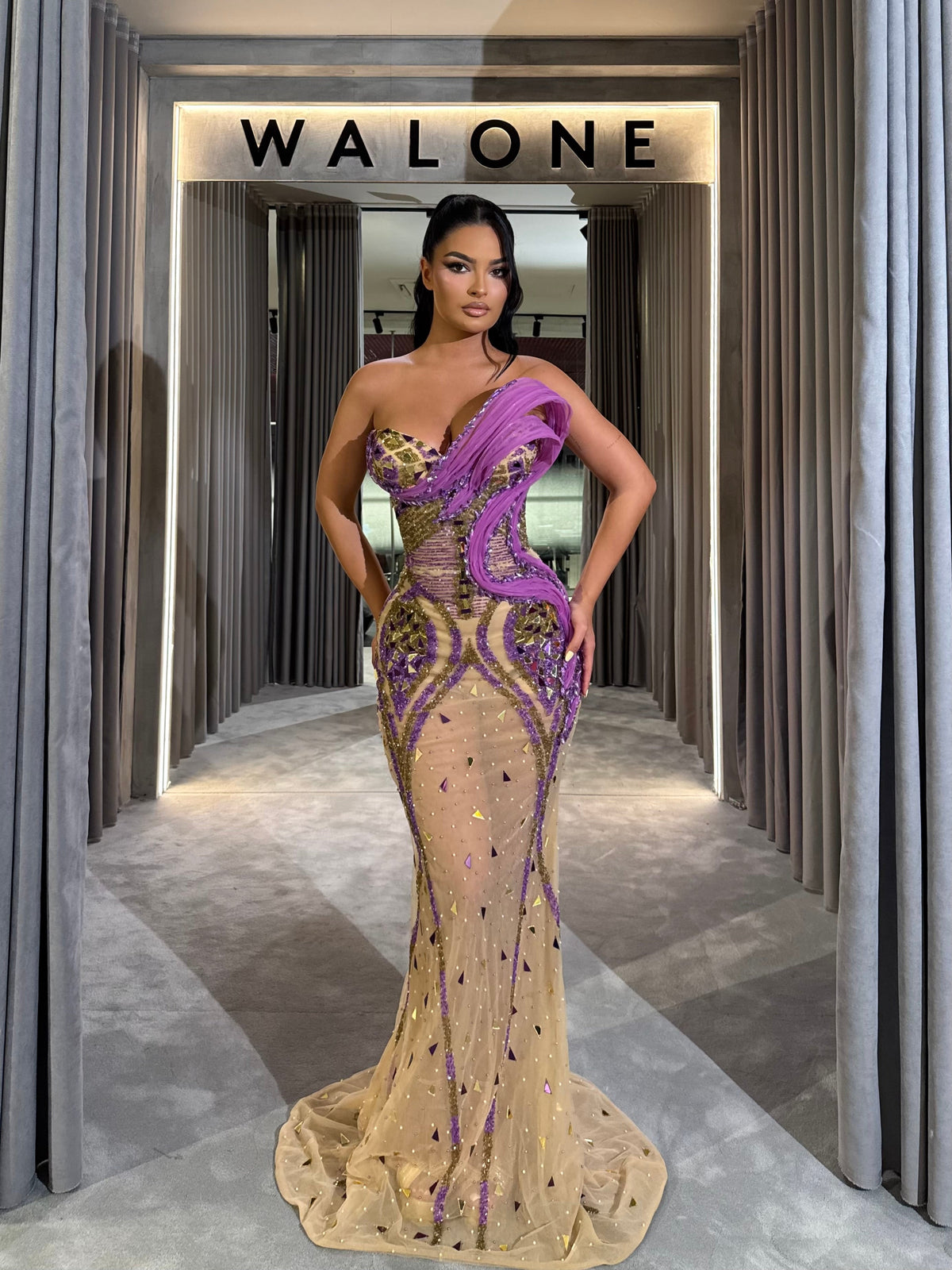Nude Dress with purple & gold detailing