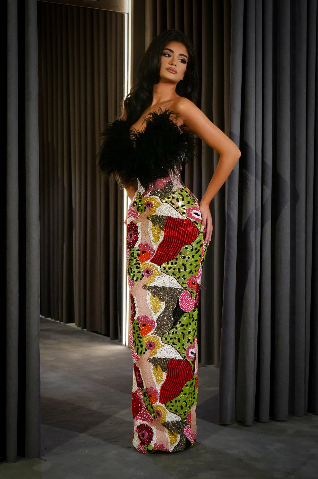 Carmen - Feathered Sequin Gown