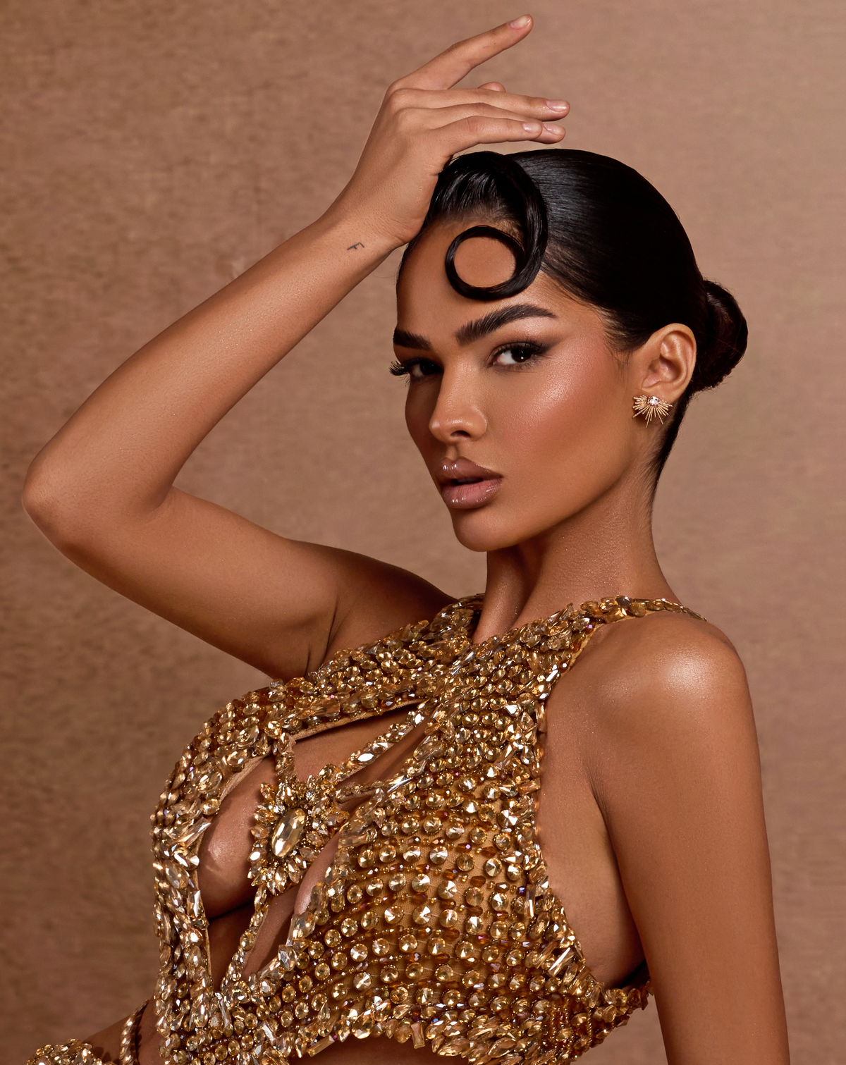 Gold Beaded Cut Out Dress