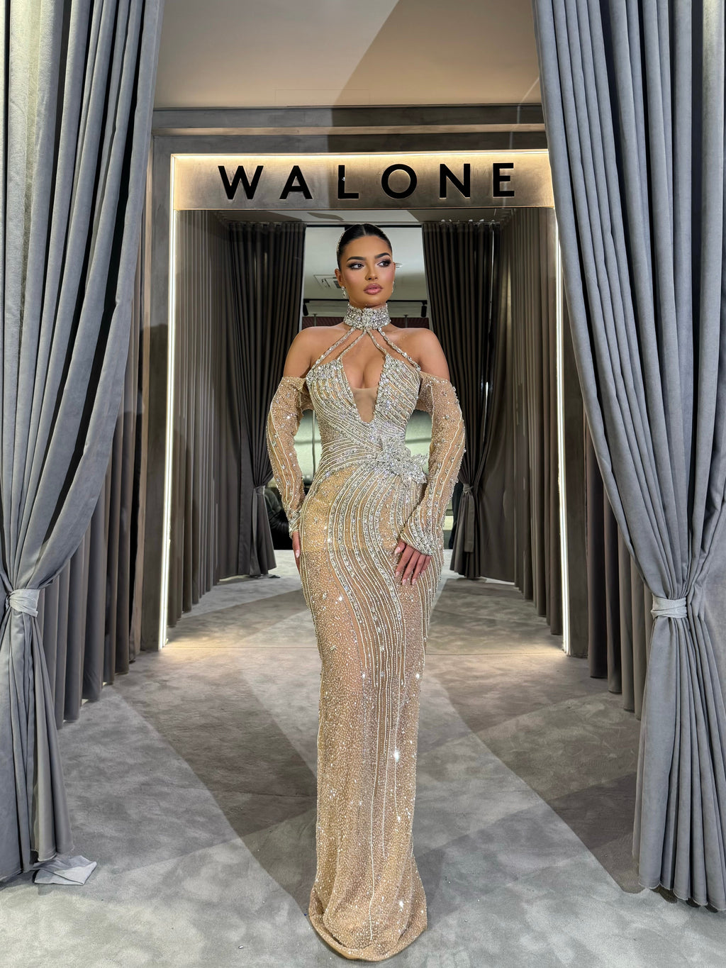 Champagne Crystal Choker Gown with Sheer Sleeves