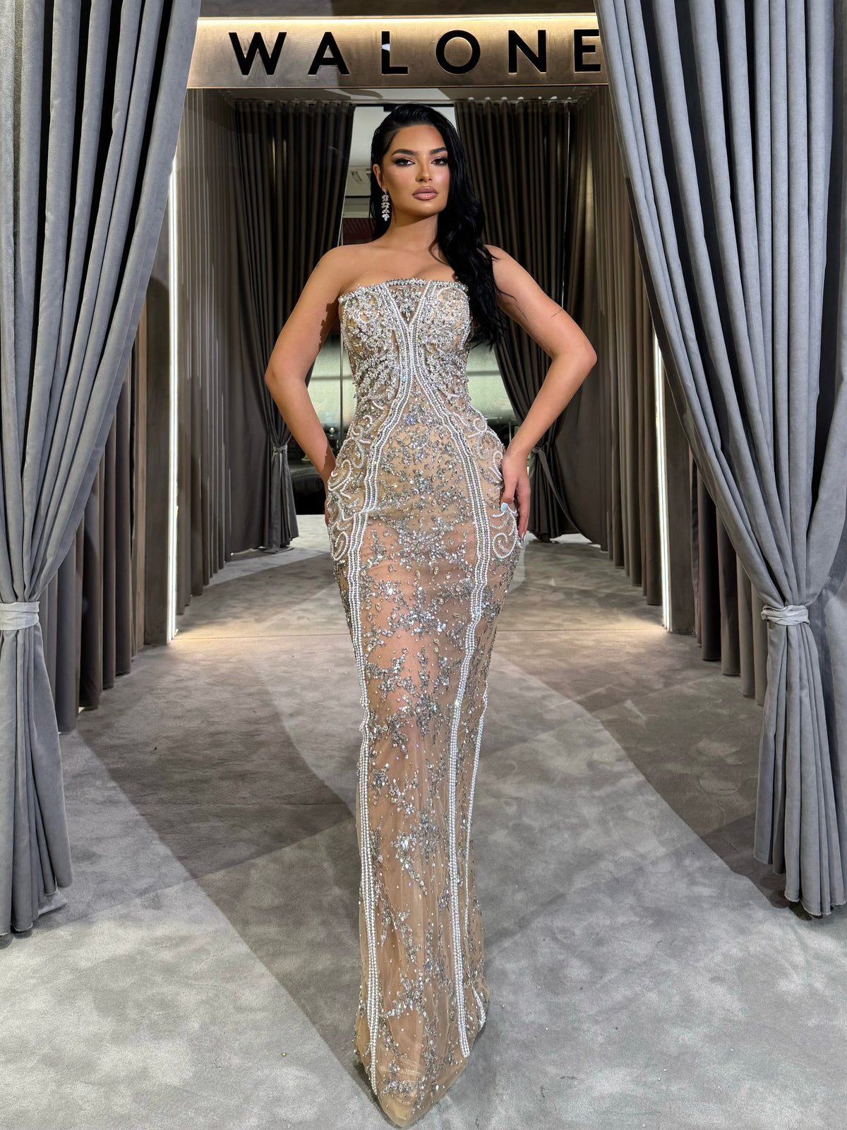 Strapless Beaded Gown with Detachable Bow Sleeves