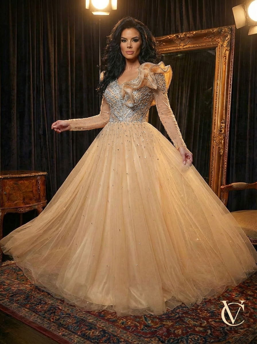 Warm Nude & Copper Embellished Tulle Evening Gown