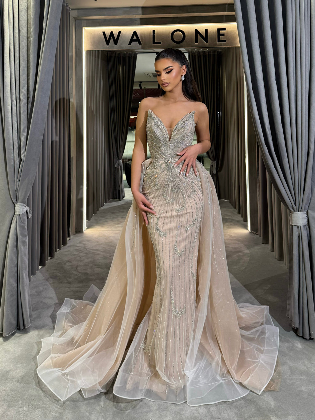 Long Dress with Deep V Neck and Glitter Tulle Layers