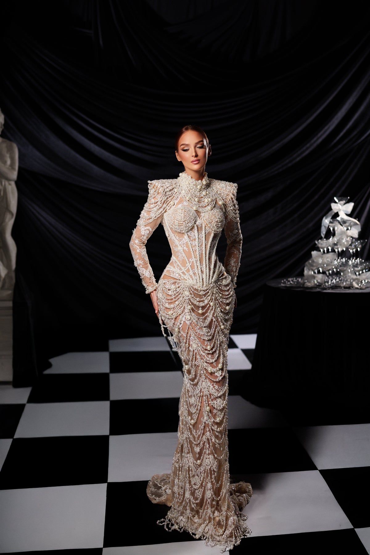 Pearl Embellished Long Sleeve Gown