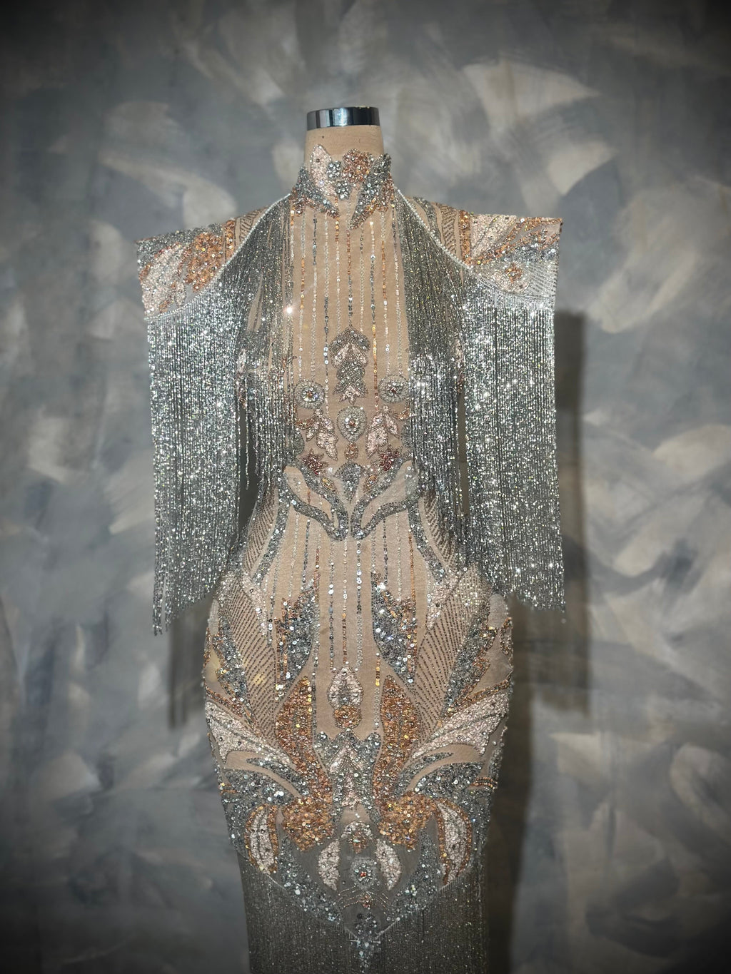 Liénora - Silver & Rose Gold Beaded Fringe Gown