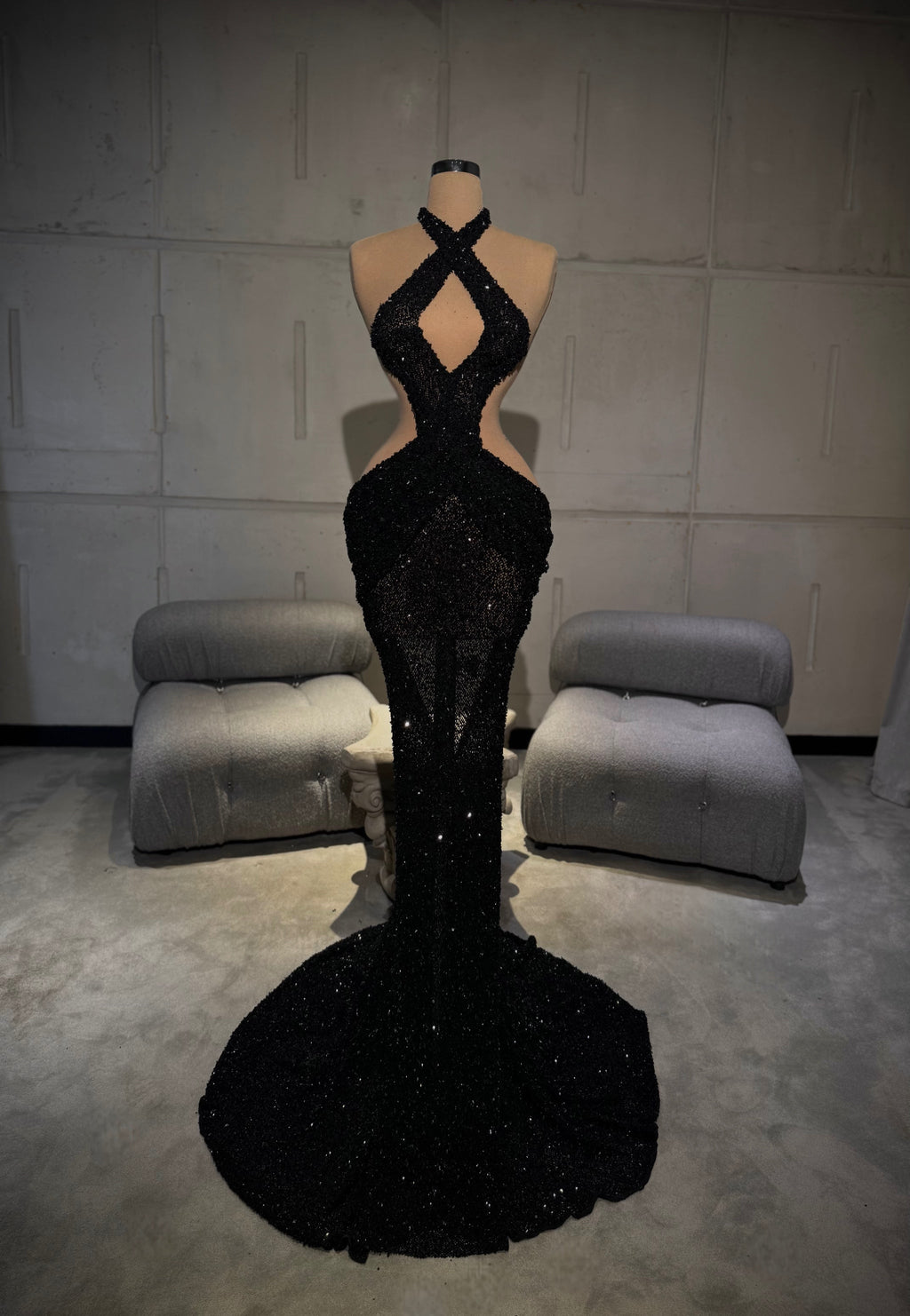 Senada - Black Halter Cut-Out Crystal Gown
