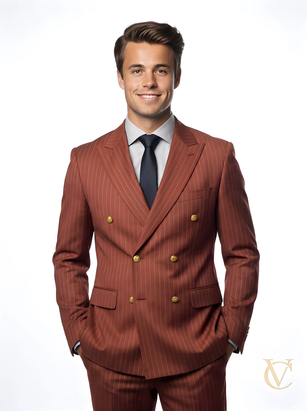 Smiling man wearing a tailored 2-Piece Suit - Burgundy | Vellure Couture with subtle pinstripes, gold buttons, white shirt, and dark tie, showcasing elegant luxury fashion.
