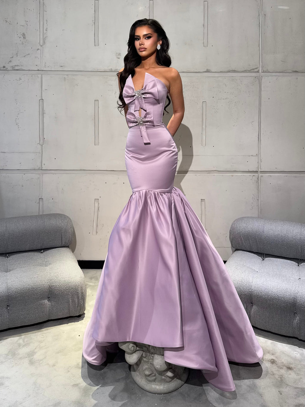 Long Dress Satin Mermaid with Crystal Bows