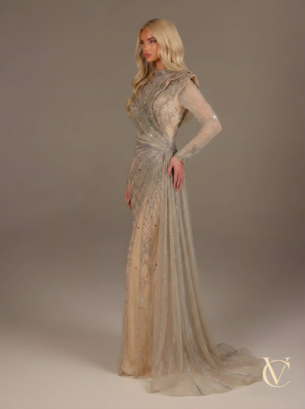 Luxury Embellished Nude Couture Gown