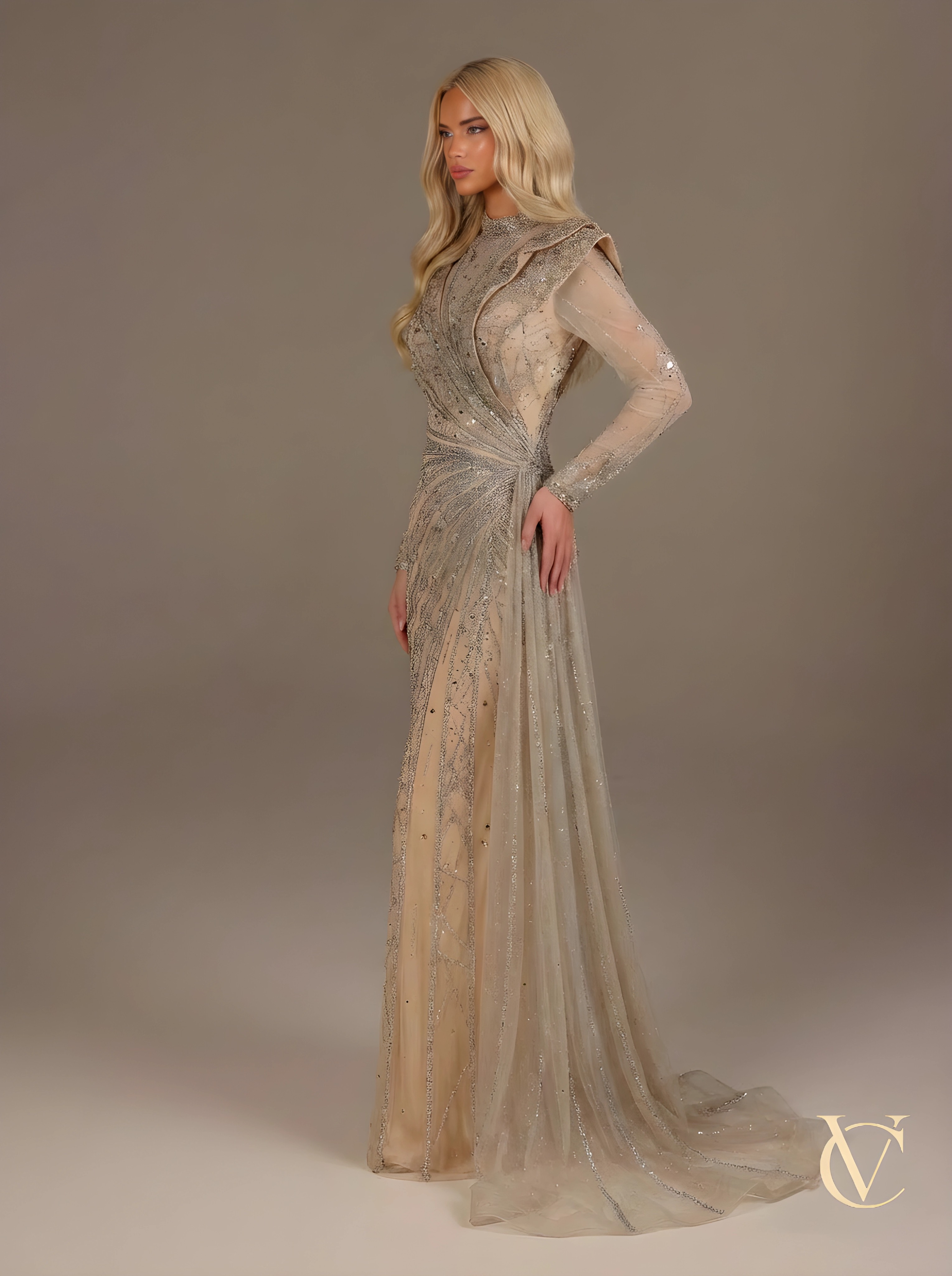 Luxury Embellished Nude Couture Gown