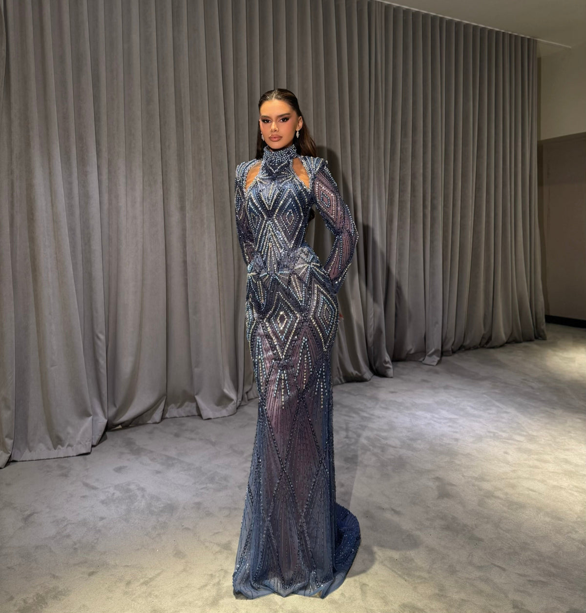 Elarya - Cut-Out Beaded Long Sleeve Gown