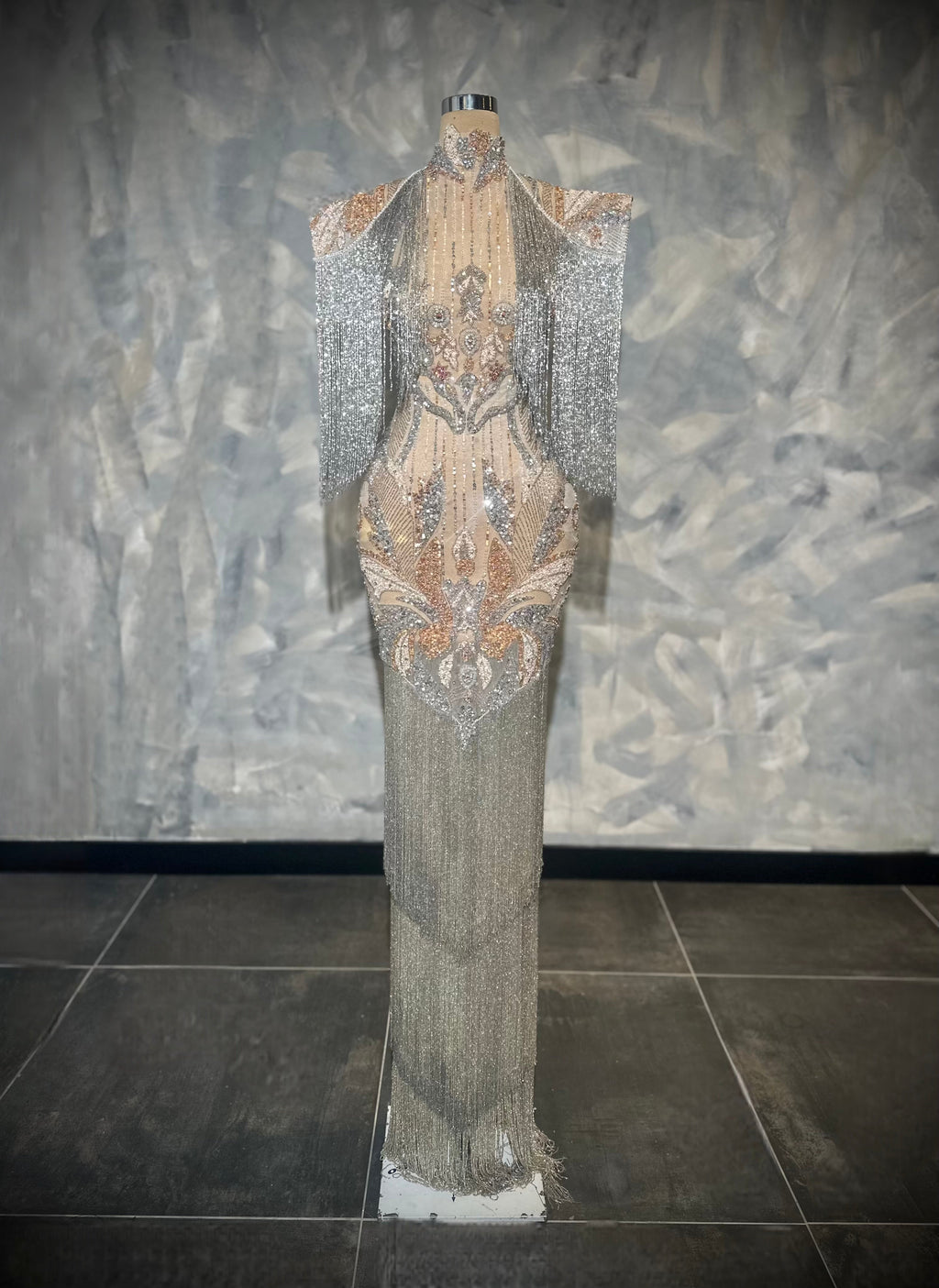 Liénora - Silver & Rose Gold Beaded Fringe Gown