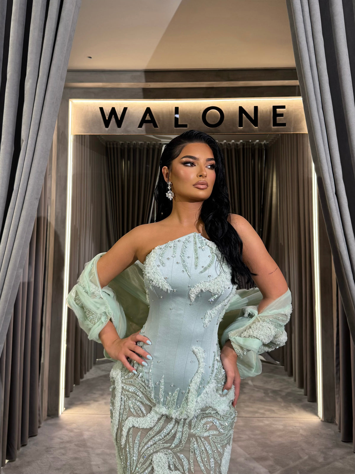 Strapless Mint Corset Beaded Gown