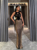 Black Beaded Gown with Feather Waist Detail