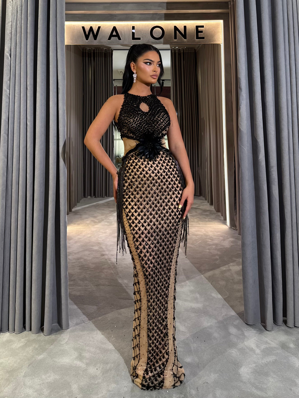 Black Beaded Gown with Feather Waist Detail