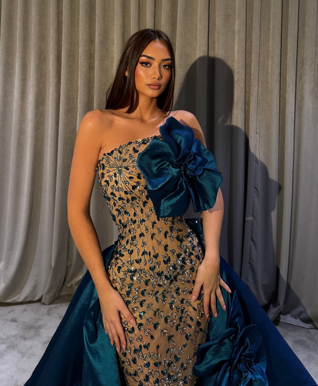 Junelle - Teal Bloom Gown with Detachable Cape