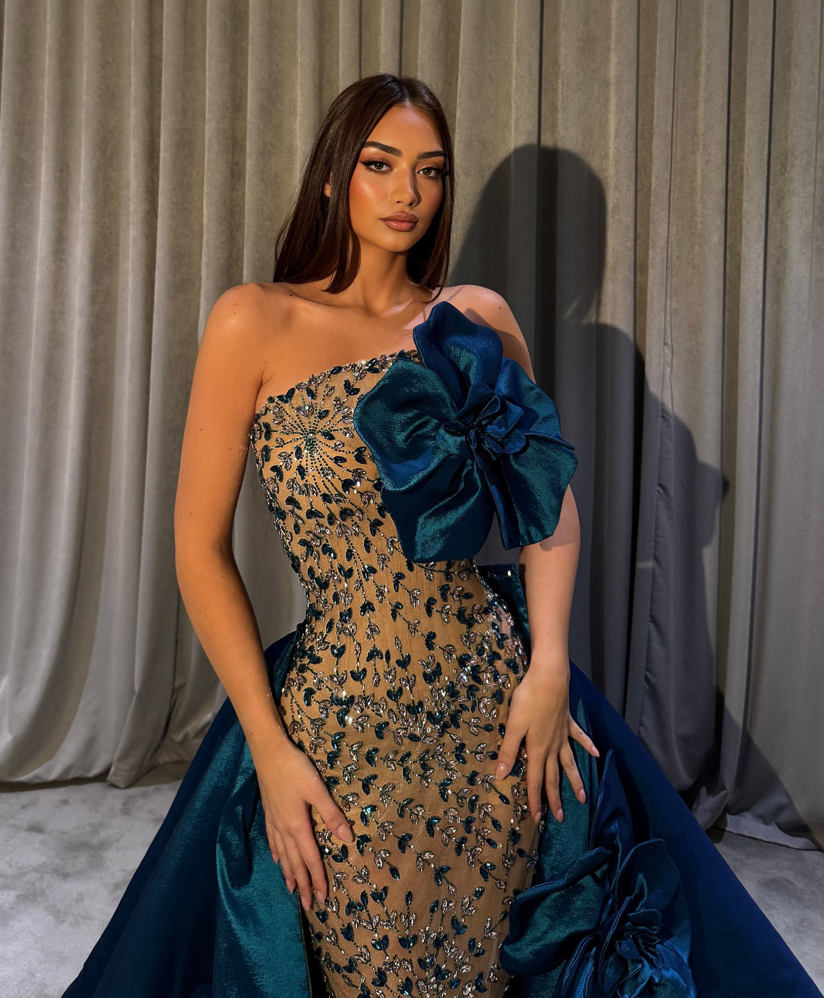 Junelle - Teal Bloom Gown with Detachable Cape
