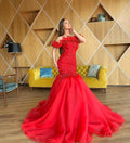 Off Shoulder Sleeves Tulle Red Gown