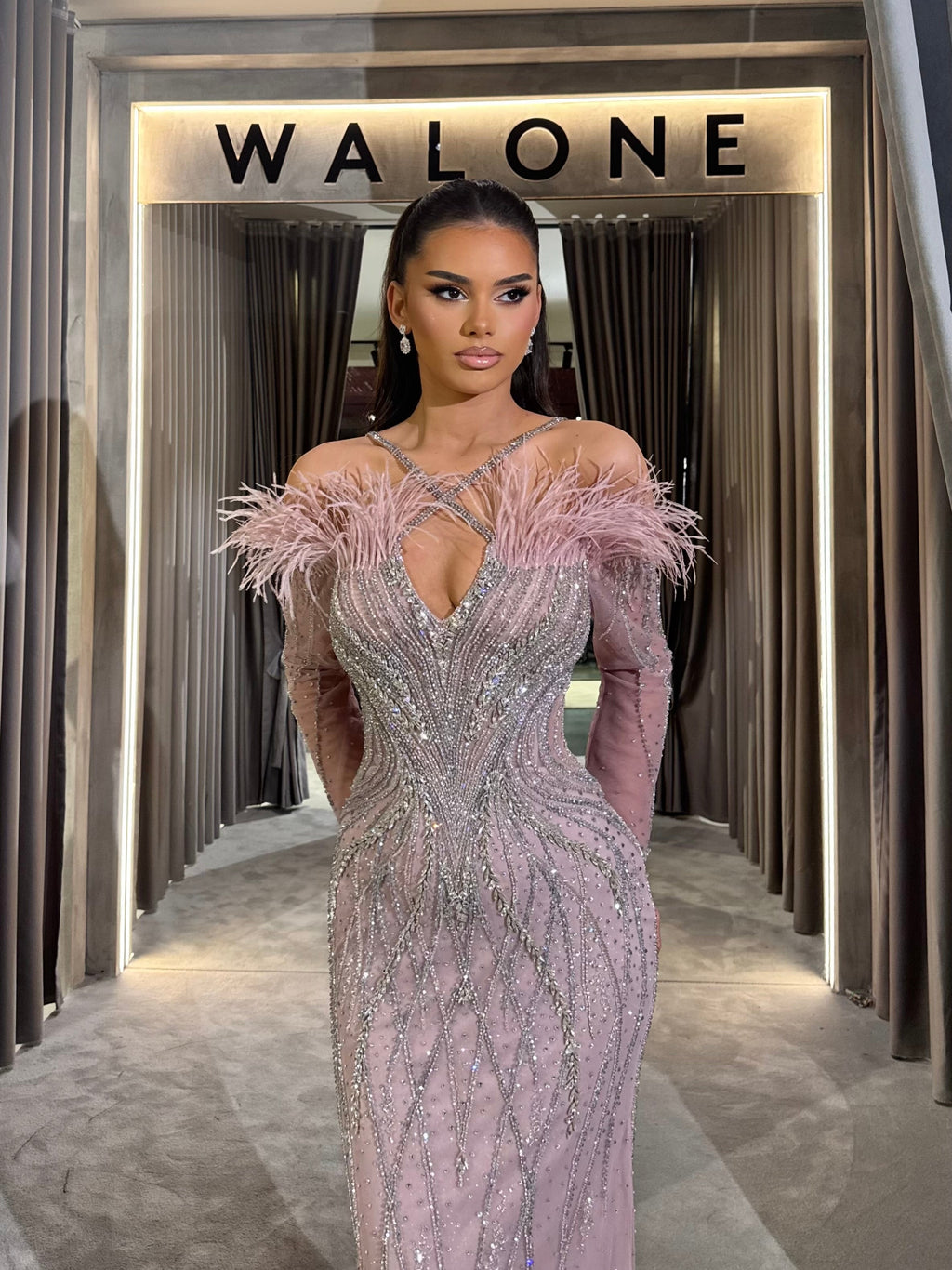 Dusty Pink & Beige Dress with Beading and Feather Accents