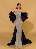 Strapless Glitter Dress with Black Oversized Sleeves