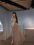 Gold Adorned Dress with Tulle Train
