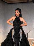 Halter Black Dress with Silver Embroidery & Tulle Train