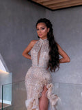 Halter Neckline Ruffle Embellished Dress
