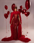 Long Beaded Ruffled Cape Gown