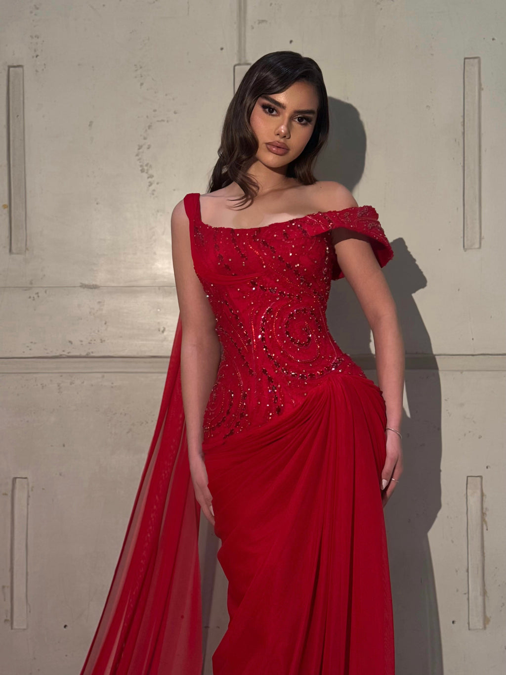 Arvella – Red Beaded Off-Shoulder Gown