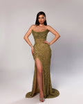 Strapless Sequin Gown with High Slit