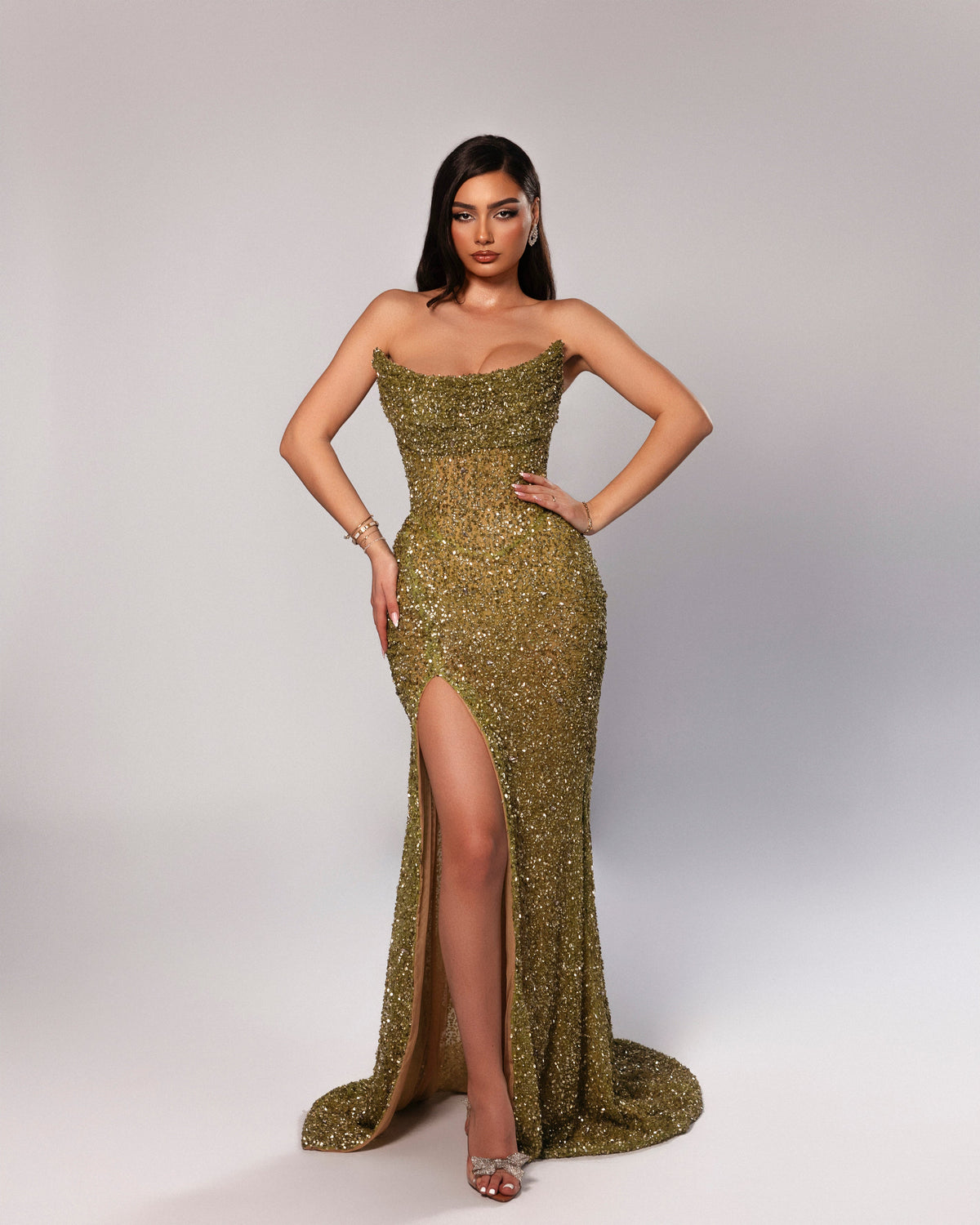Strapless Sequin Gown with High Slit