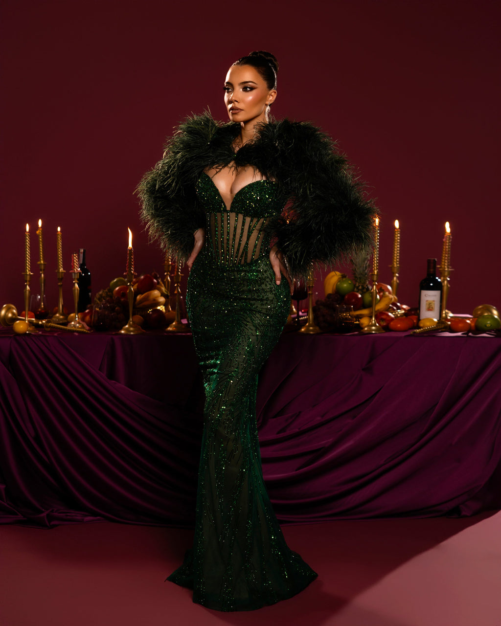 Emerald Feathered Gown