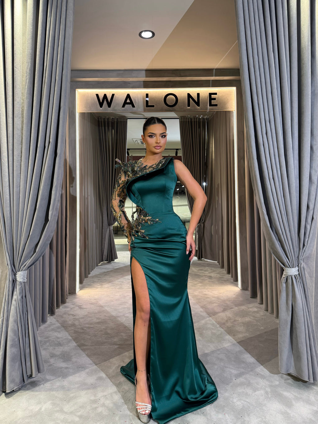 Emerald Asymmetrical Leaf Appliqué Gown