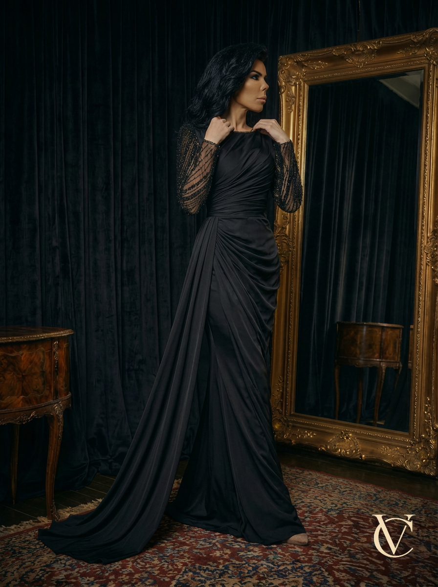 Noir Crystal Sleeve Evening Gown — Luxury Couture UK | Vellure Couture