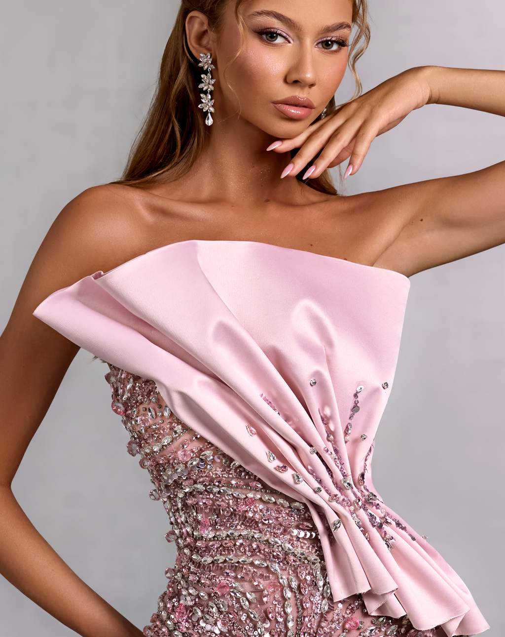 Pink Mermaid Gown with Draped Satin and Crystal Swirls