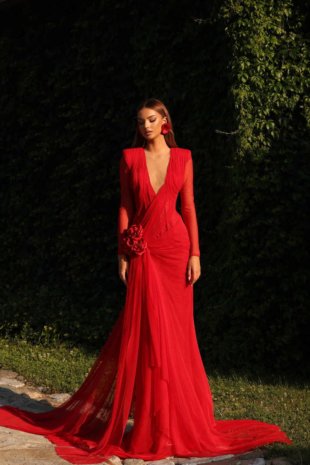 Benitta - Long Sleeve Draped Red Gown
