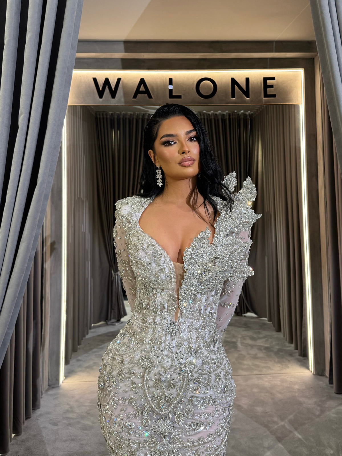 Long Sleeve Embellished Silver Mermaid Dress